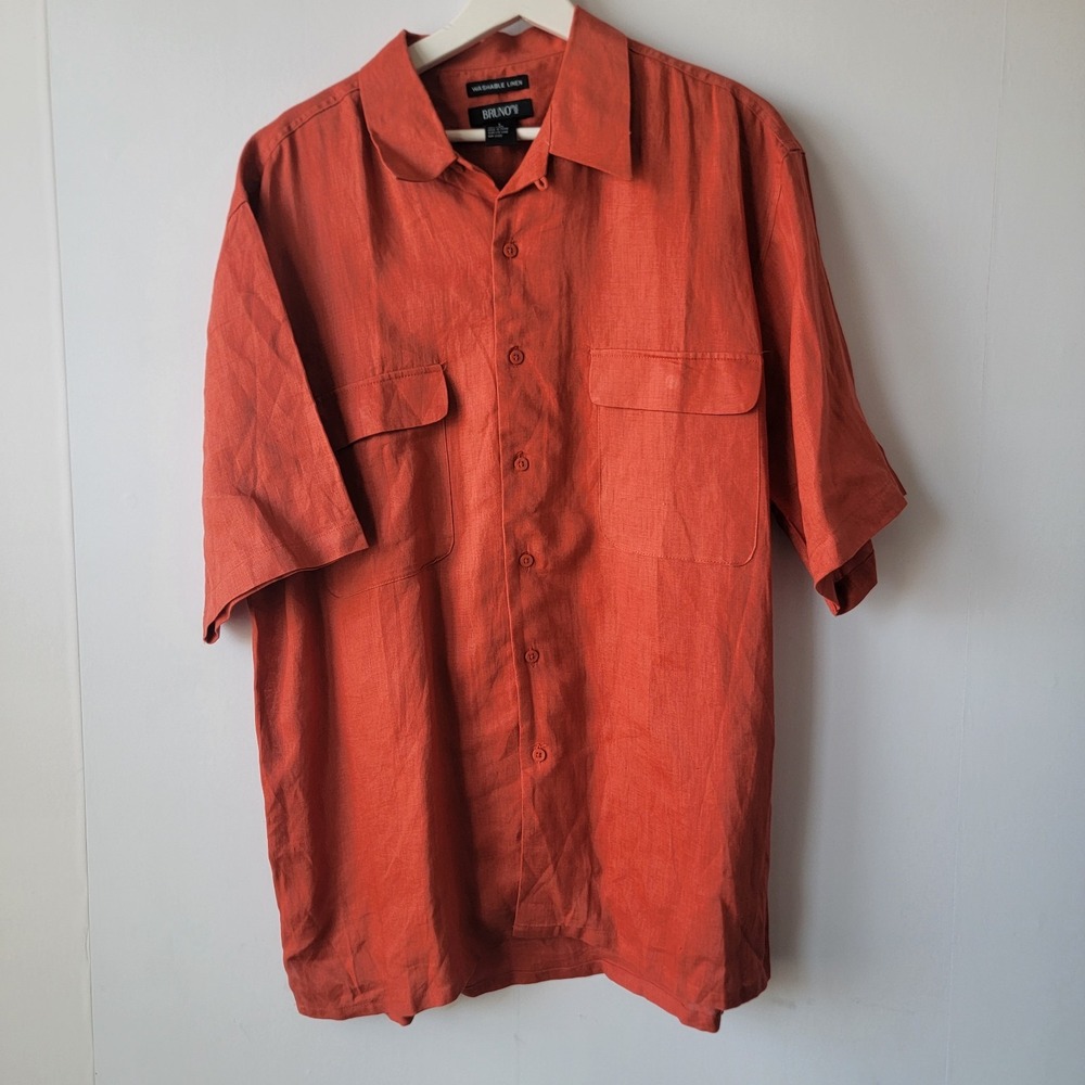 Bruno men's washable linen button up shirt size‎ L short sleeve brown